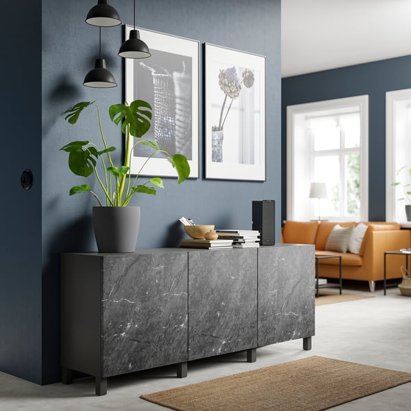 BESTÅ storage combination with doors, dark grey/Bergsviken/Stubbarp black, 180x42x74 cm