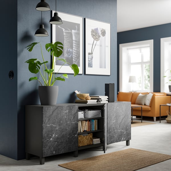 BESTÅ storage combination with doors, dark grey/Bergsviken/Stubbarp black, 180x42x74 cm