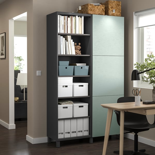 BESTÅ storage combination with doors, dark grey/Hjortviken pale grey-green, 120x42x202 cm