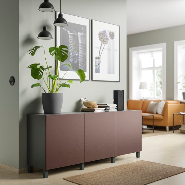 BESTÅ storage combination with doors, dark grey/Hjortviken/Stubbarp brown, 180x42x74 cm