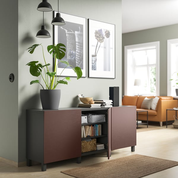 BESTÅ storage combination with doors, dark grey/Hjortviken/Stubbarp brown, 180x42x74 cm