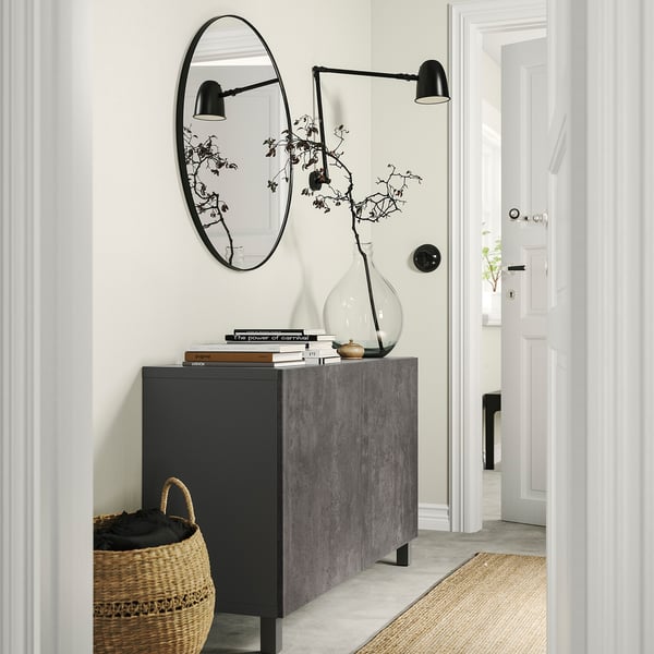 BESTÅ - BESTÅ Storage combination with doors, dark grey Kallviken/dark grey concrete effect, 120x42x74 cm