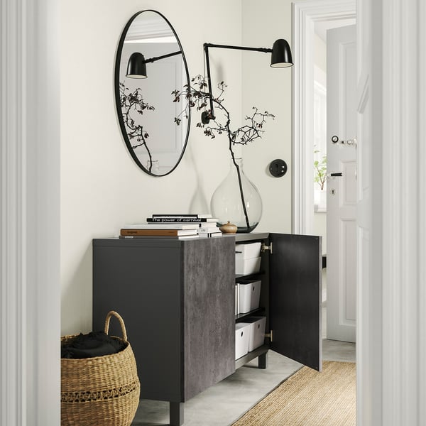 BESTÅ - BESTÅ Storage combination with doors, dark grey Kallviken/dark grey concrete effect, 120x42x74 cm