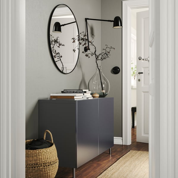 BESTÅ - BESTÅ Storage combination with doors, dark grey/Riksviken brushed dark pewter effect, 120x42x74 cm