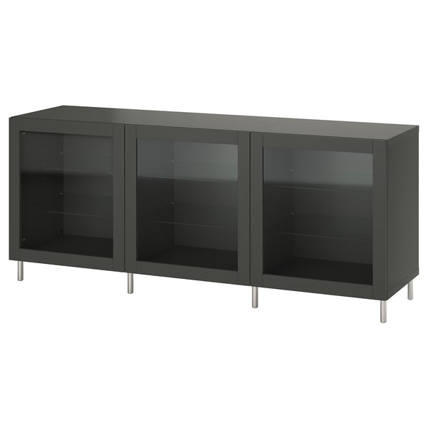 BESTÅ storage combination with doors, dark grey Sindvik/dark grey clear glass, 180x42x74 cm