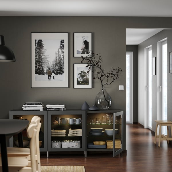 BESTÅ storage combination with doors, dark grey Sindvik/dark grey clear glass, 180x42x74 cm