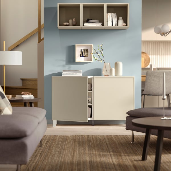 BESTÅ storage combination with doors, Krukmakare beige/Stubbarp white, 120x42x74 cm