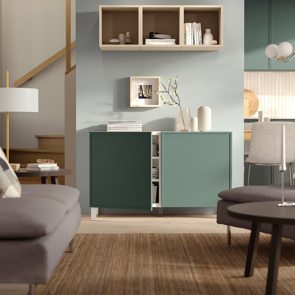 BESTÅ storage combination with doors, Krukmakare dark grey-green/Stubbarp white, 120x42x74 cm