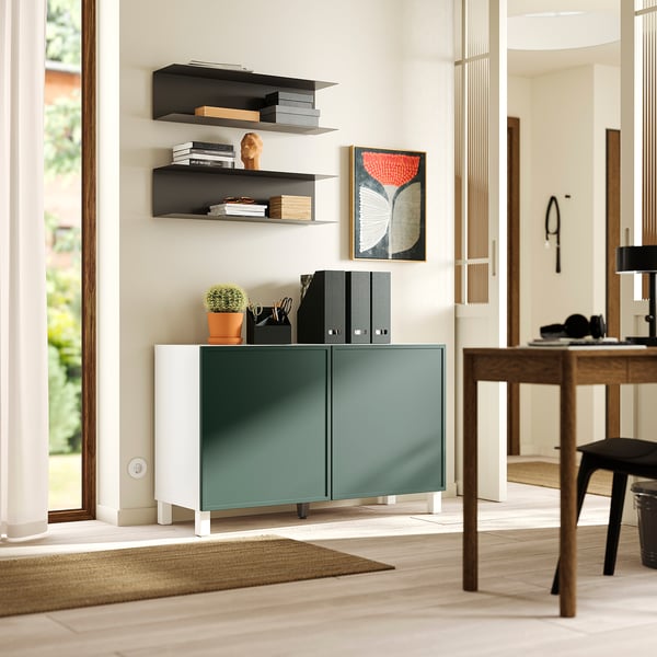 BESTÅ storage combination with doors, Krukmakare dark grey-green/Stubbarp white, 120x42x74 cm