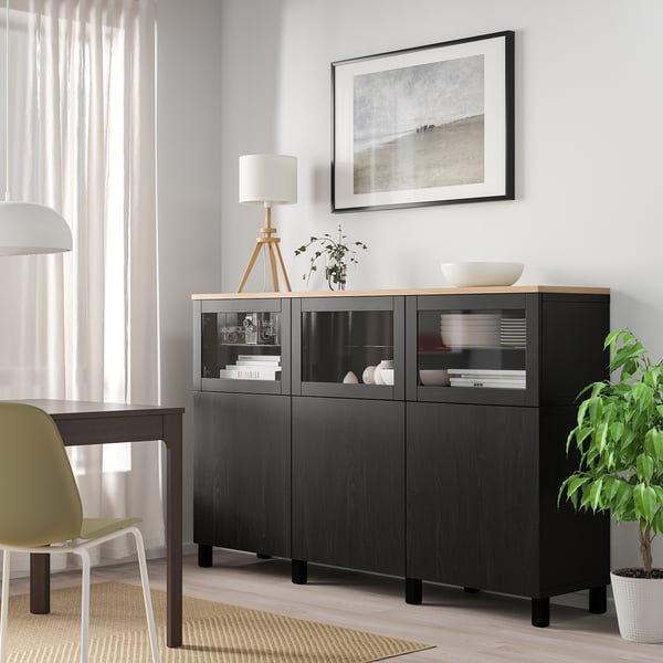 BESTÅ storage combination with doors, Lappviken/Stubbarp/Sindvik black-brown clear glass, 180x42x114 cm