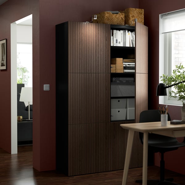BESTÅ - BESTÅ Storage combination with doors, black-brown Björköviken/brown stained oak veneer, 120x42x193 cm