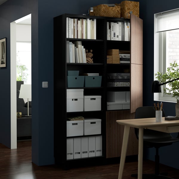 BESTÅ storage combination with doors, black-brown Björköviken/brown stained oak veneer, 120x42x202 cm