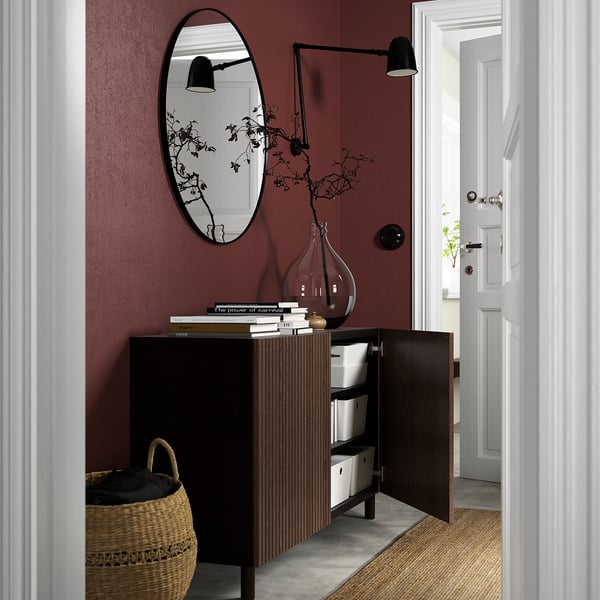 BESTÅ storage combination with doors, black-brown Björköviken/Mejarp/brown stained oak veneer, 120x42x74 cm