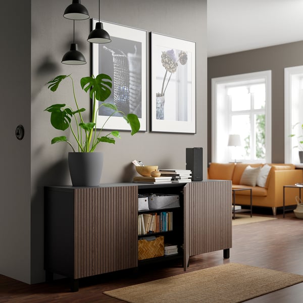 BESTÅ storage combination with doors, black-brown Björköviken/Stubbarp/brown stained oak veneer, 180x42x74 cm