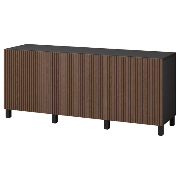 BESTÅ storage combination with doors, black-brown Björköviken/Stubbarp/brown stained oak veneer, 180x42x74 cm
