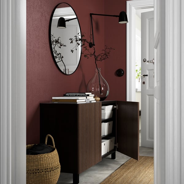 BESTÅ storage combination with doors, black-brown Björköviken/Stubbarp/brown stained oak veneer, 120x42x74 cm