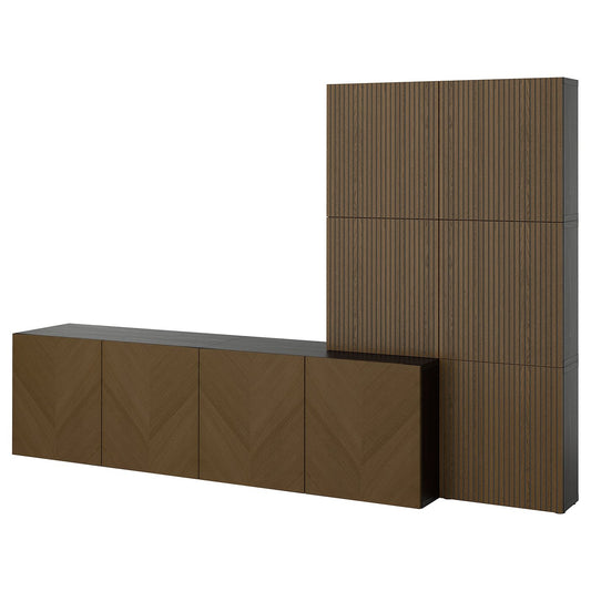 BESTÅ storage combination with doors, black-brown Hedeviken/Björköviken brown stained oak veneer, 300x42x193 cm