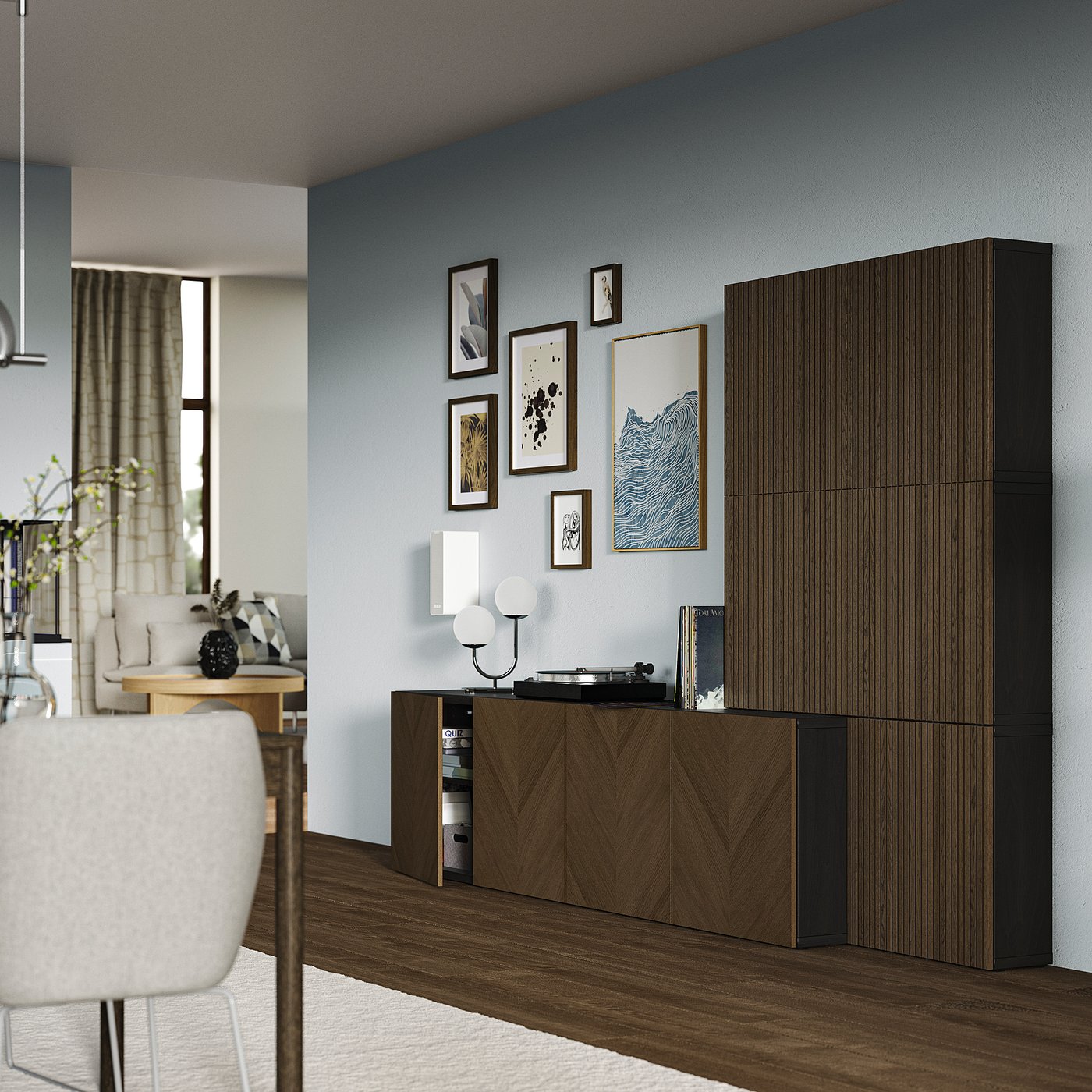 BESTÅ storage combination with doors, black-brown Hedeviken/Björköviken brown stained oak veneer, 300x42x193 cm