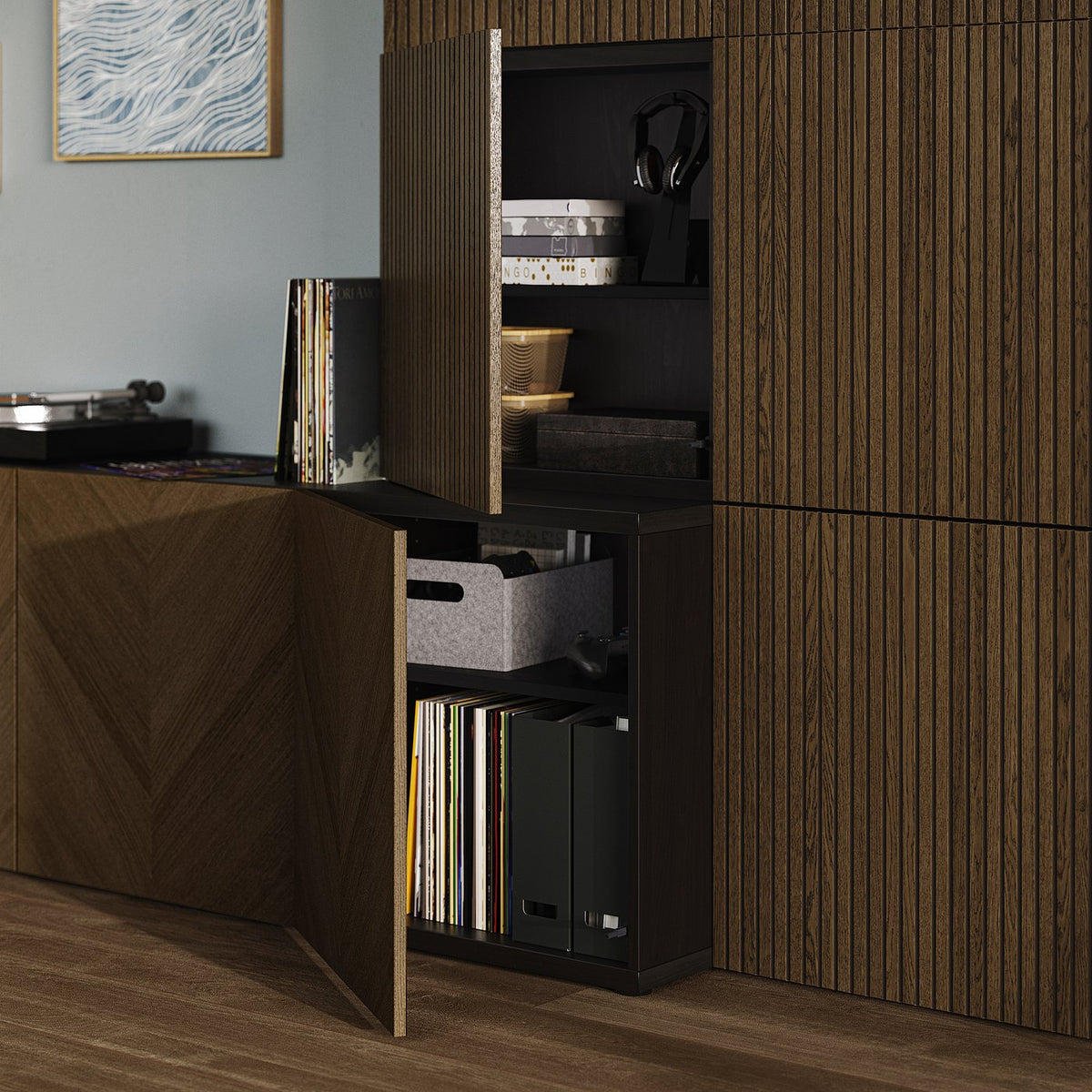 BESTÅ storage combination with doors, black-brown Hedeviken/Björköviken brown stained oak veneer, 300x42x193 cm