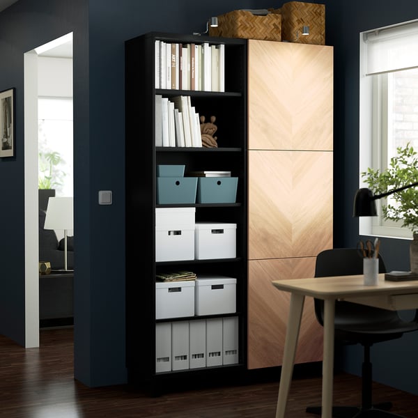 BESTÅ storage combination with doors, black-brown/Hedeviken oak veneer, 120x42x202 cm