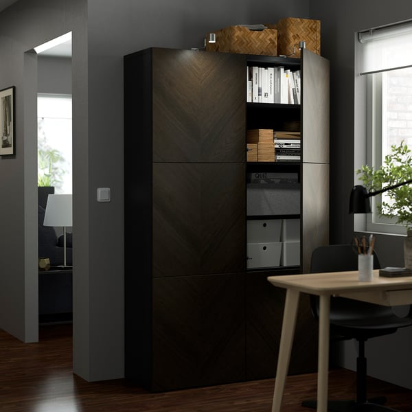 BESTÅ - BESTÅ Storage combination with doors, black-brown Hedeviken/dark brown stained oak veneer, 120x42x193 cm
