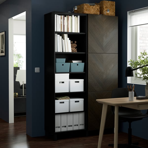 BESTÅ storage combination with doors, black-brown Hedeviken/dark brown stained oak veneer, 120x42x202 cm
