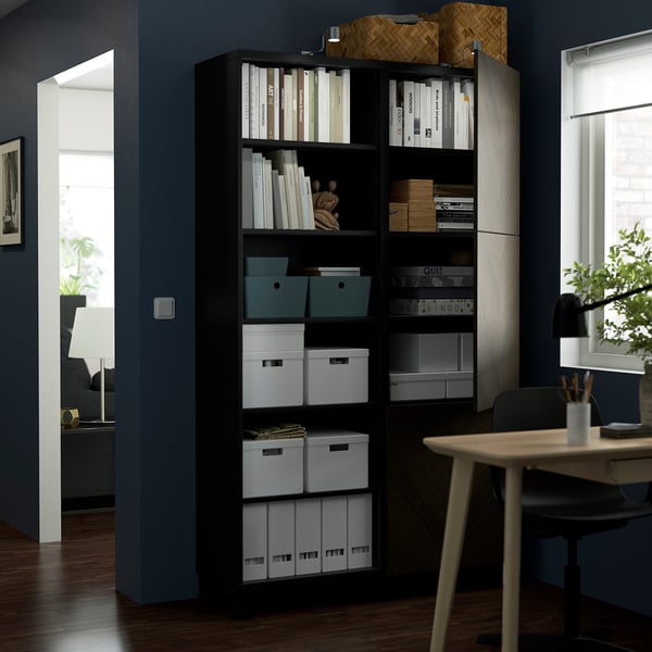 BESTÅ storage combination with doors, black-brown Hedeviken/dark brown stained oak veneer, 120x42x202 cm