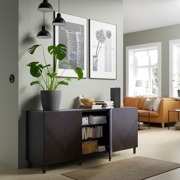 BESTÅ storage combination with doors, black-brown Hedeviken/Mejarp/dark brown stained oak veneer, 180x42x74 cm