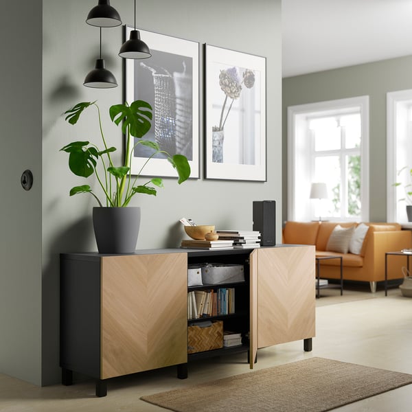 BESTÅ - BESTÅ Storage combination with doors, black-brown/Hedeviken/Stubbarp oak veneer, 180x42x74 cm