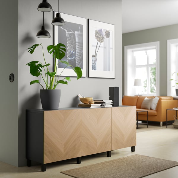 BESTÅ - BESTÅ Storage combination with doors, black-brown/Hedeviken/Stubbarp oak veneer, 180x42x74 cm