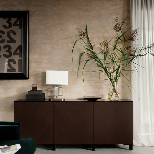 BESTÅ - BESTÅ Storage combination with doors, black-brown Hedeviken/Stubbarp/dark brown stained oak veneer, 180x42x74 cm