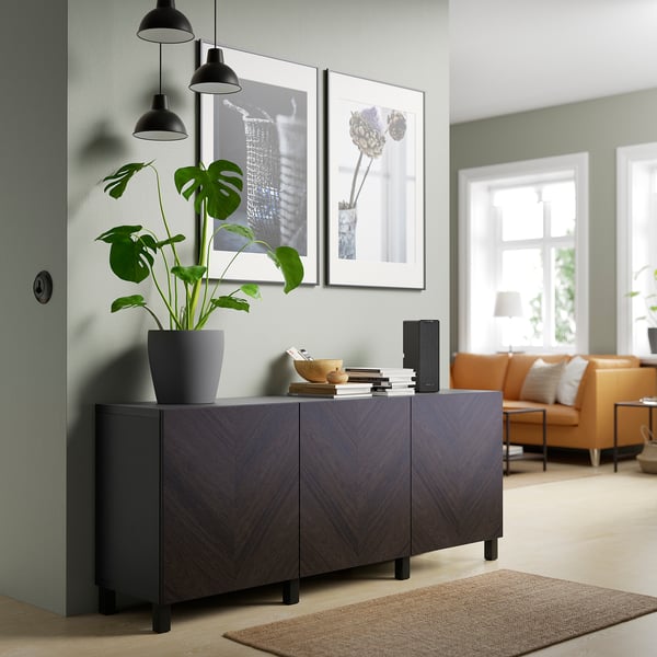 BESTÅ storage combination with doors, black-brown Hedeviken/Stubbarp/dark brown stained oak veneer, 180x42x74 cm