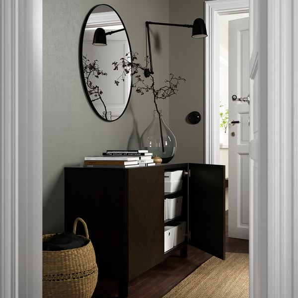 BESTÅ storage combination with doors, black-brown Hedeviken/Stubbarp/dark brown stained oak veneer, 120x42x74 cm