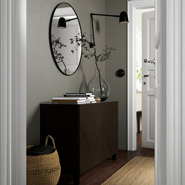 BESTÅ storage combination with doors, black-brown Hedeviken/Stubbarp/dark brown stained oak veneer, 120x42x74 cm