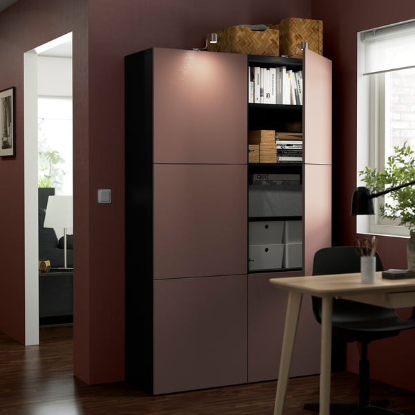 BESTÅ storage combination with doors, black-brown/Hjortviken brown, 120x42x193 cm