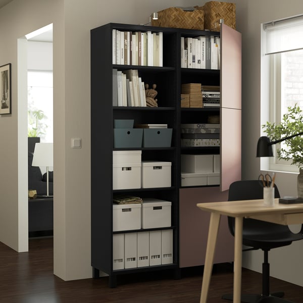 BESTÅ storage combination with doors, black-brown/Hjortviken brown, 120x42x202 cm