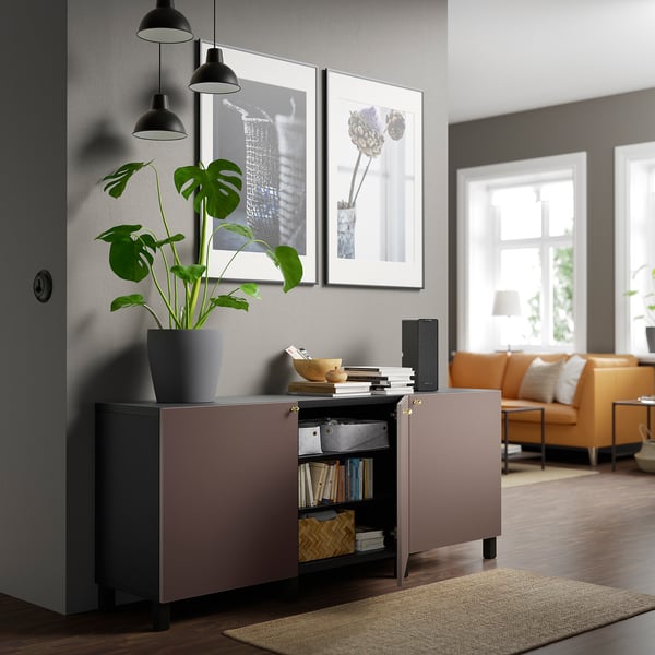BESTÅ storage combination with doors, black-brown/Hjortviken/Stubbarp brown, 180x42x74 cm