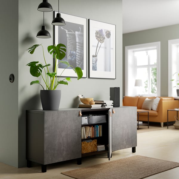 BESTÅ - BESTÅ Storage combination with doors, black-brown Kallviken/Stubbarp/dark grey concrete effect, 180x42x74 cm