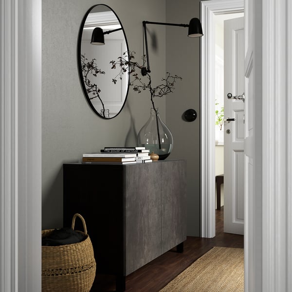 BESTÅ - BESTÅ Storage combination with doors, black-brown Kallviken/Stubbarp/dark grey concrete effect, 120x42x74 cm