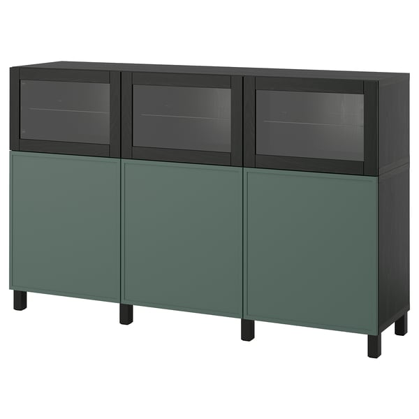 BESTÅ cabinet with doors, brown-black/Krukmakare dark gray-green, 180x42x112 cm