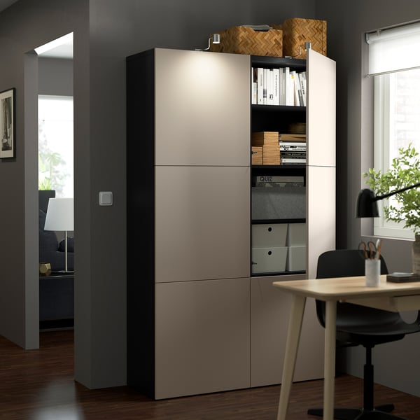 BESTÅ storage combination with doors, black-brown/Lappviken light grey-beige, 120x42x193 cm