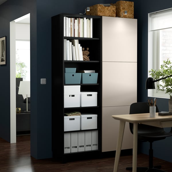 BESTÅ storage combination with doors, black-brown/Lappviken light grey-beige, 120x42x202 cm