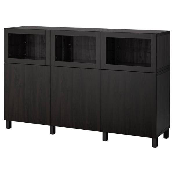 BESTÅ storage combination with doors, black-brown Lappviken/Sindvik black-brown clear glass, 180x42x112 cm