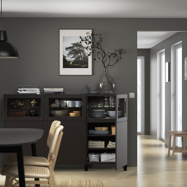 BESTÅ - BESTÅ Storage combination with doors, black-brown Lappviken/Sindvik black-brown clear glass, 180x42x112 cm