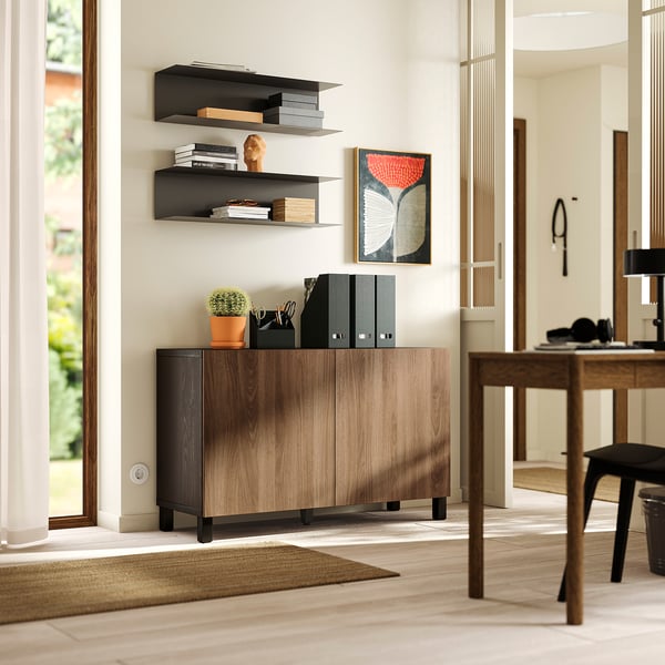 BESTÅ storage combination with doors, black-brown/Lappviken/Stubbarp walnut effect, 120x42x74 cm