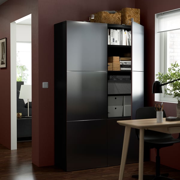 BESTÅ - BESTÅ Storage combination with doors, black-brown/Riksviken brushed dark pewter effect, 120x42x193 cm