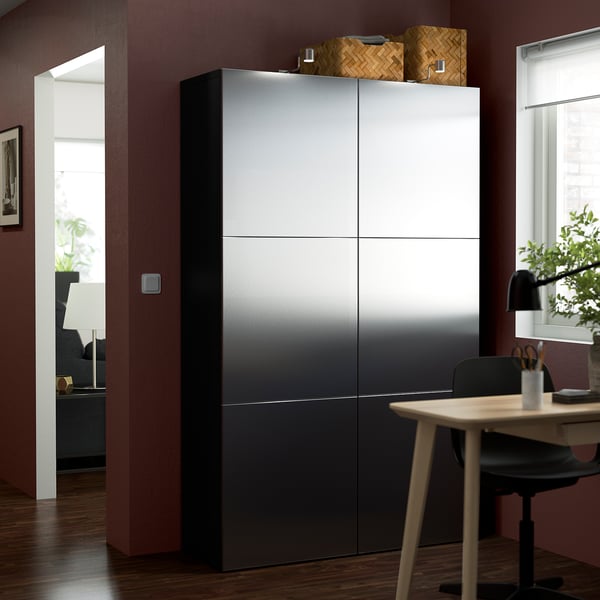 BESTÅ - BESTÅ Storage combination with doors, black-brown/Riksviken brushed dark pewter effect, 120x42x193 cm