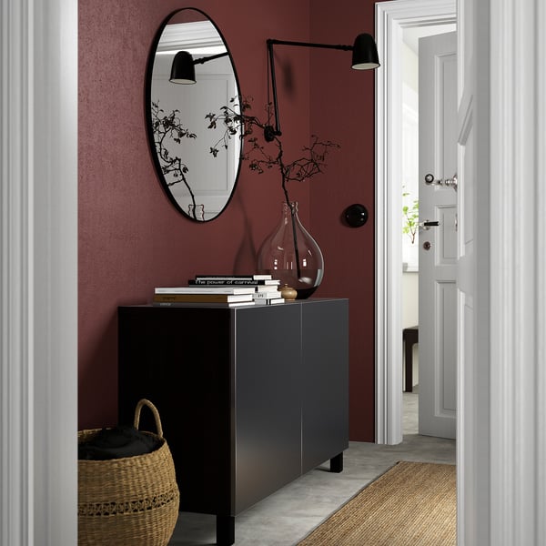 BESTÅ storage combination with doors, black-brown/Riksviken/Stubbarp brushed dark pewter effect, 120x42x74 cm