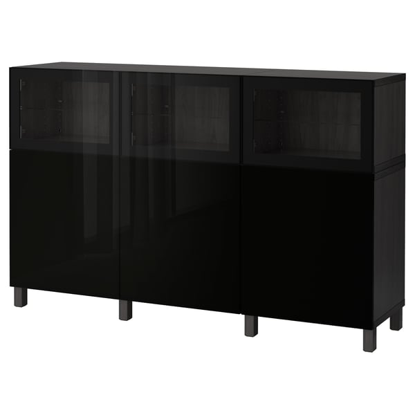 BESTÅ storage combination with doors, black-brown Selsviken/Glassvik high-gloss/black clear glass, 180x42x112 cm