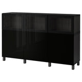 BESTÅ storage combination with doors, black-brown Selsviken/Glassvik high-gloss/black clear glass, 180x42x112 cm